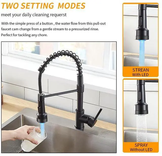 Alt view image 3 of 7 - Kitchen Faucet with Pull Down LED Light Sprayer Black Stainless Steel NSF Certified,1 Handle Faucet,Farmhouse Camper Laundry Utility Rv Wet Bar Sinks,Deck Plate 1,3 Hole