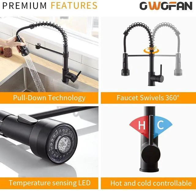 Alt view image 5 of 7 - Kitchen Faucet with Pull Down LED Light Sprayer Black Stainless Steel NSF Certified,1 Handle Faucet,Farmhouse Camper Laundry Utility Rv Wet Bar Sinks,Deck Plate 1,3 Hole