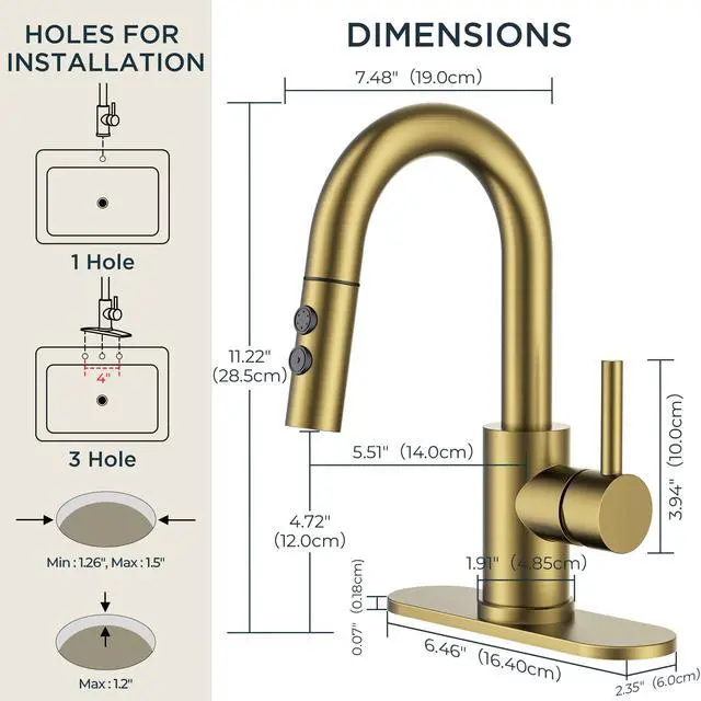 Alt view image 2 of 7 - Bathroom Faucet 1 Hole Single Handle with Pull Down Sprayer Gold with 6-inch Deck Plate for 1 or 3 hole(4-inch centerset) Setup, Swivel Sink Faucet for RV Bar Laundry Vanity Utility