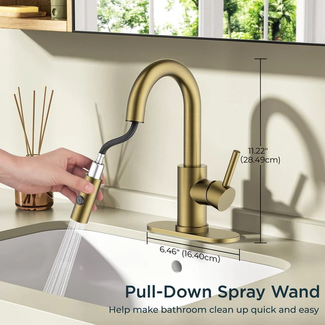 Alt view image 3 of 7 - Bathroom Faucet 1 Hole Single Handle with Pull Down Sprayer Gold with 6-inch Deck Plate for 1 or 3 hole(4-inch centerset) Setup, Swivel Sink Faucet for RV Bar Laundry Vanity Utility