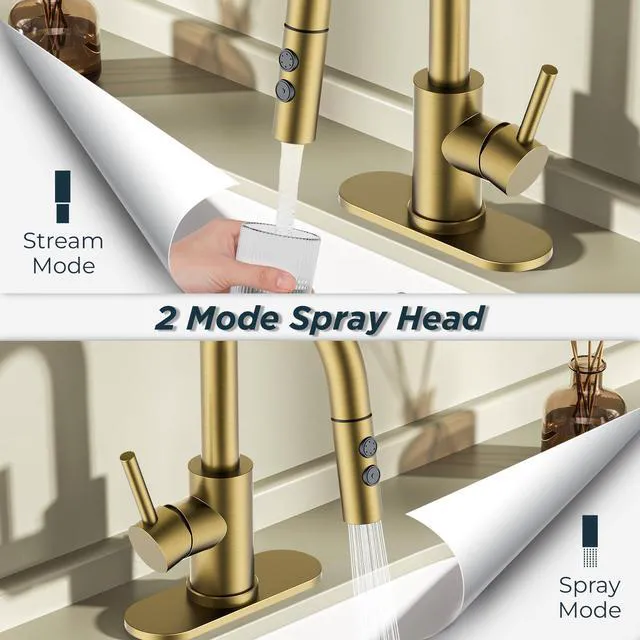 Alt view image 4 of 7 - Bathroom Faucet 1 Hole Single Handle with Pull Down Sprayer Gold with 6-inch Deck Plate for 1 or 3 hole(4-inch centerset) Setup, Swivel Sink Faucet for RV Bar Laundry Vanity Utility