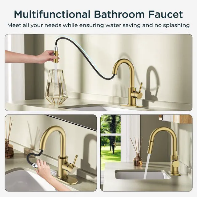 Alt view image 5 of 7 - Bathroom Faucet 1 Hole Single Handle with Pull Down Sprayer Gold with 6-inch Deck Plate for 1 or 3 hole(4-inch centerset) Setup, Swivel Sink Faucet for RV Bar Laundry Vanity Utility