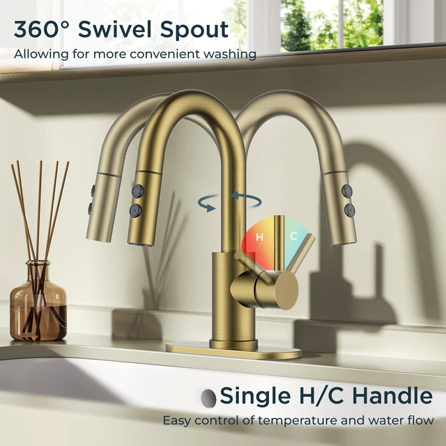 Alt view image 7 of 7 - Bathroom Faucet 1 Hole Single Handle with Pull Down Sprayer Gold with 6-inch Deck Plate for 1 or 3 hole(4-inch centerset) Setup, Swivel Sink Faucet for RV Bar Laundry Vanity Utility