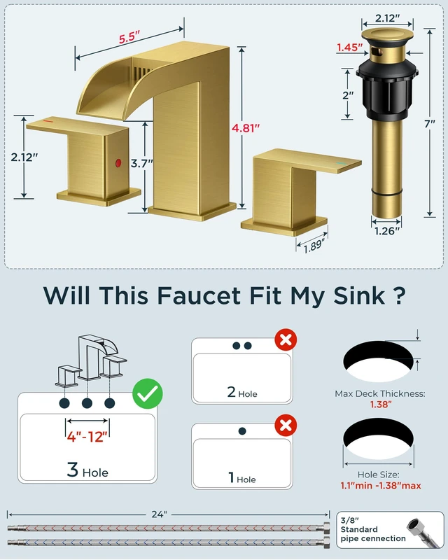 Alt view image 3 of 7 - Bathroom Faucet 3 Hole 8 Inch Widespread Vanity Sink Brushed Gold Square Waterfall Bathroom Sink Faucet Two Handles with Pop-up Drain, Lead-Free, for RV Vanity Lavatory and Restroom Basin