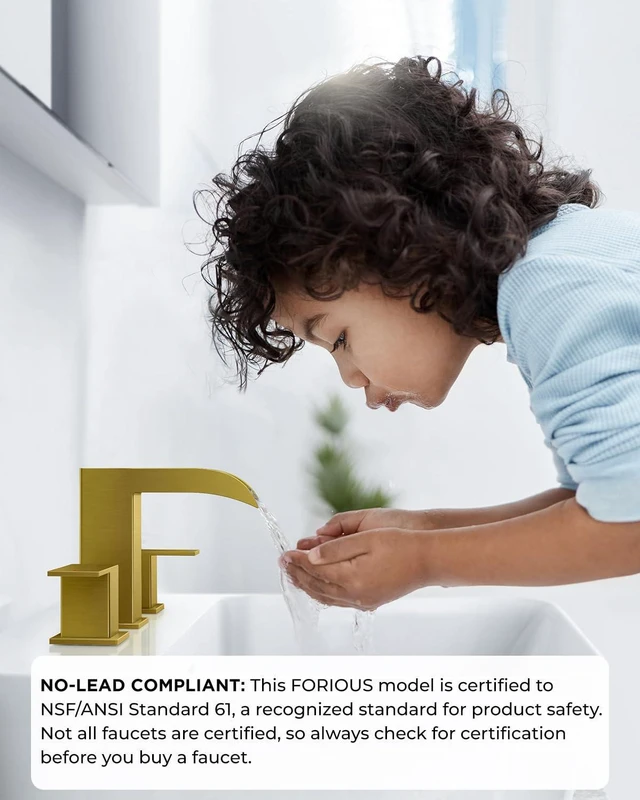 Alt view image 5 of 7 - Bathroom Faucet 3 Hole 8 Inch Widespread Vanity Sink Brushed Gold Square Waterfall Bathroom Sink Faucet Two Handles with Pop-up Drain, Lead-Free, for RV Vanity Lavatory and Restroom Basin
