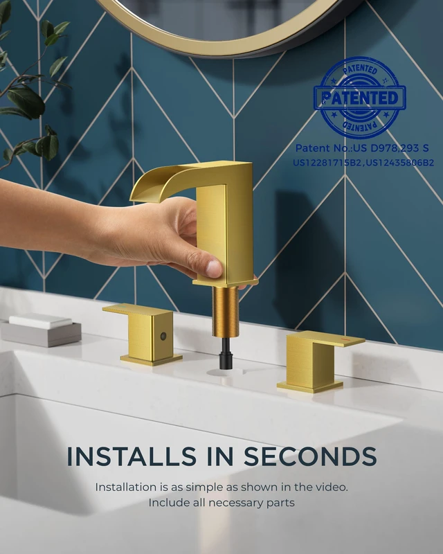 Alt view image 6 of 7 - Bathroom Faucet 3 Hole 8 Inch Widespread Vanity Sink Brushed Gold Square Waterfall Bathroom Sink Faucet Two Handles with Pop-up Drain, Lead-Free, for RV Vanity Lavatory and Restroom Basin
