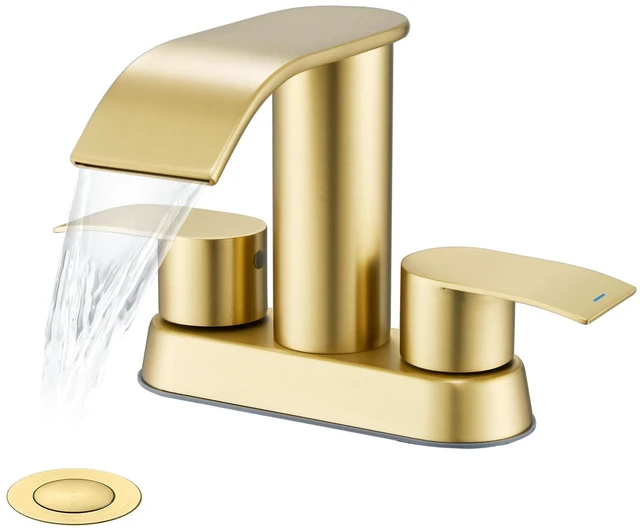 Main image of Waterfall Bathroom Faucet for Sink Brushed Gold 4 Inch Bathroom Sink Faucet for 3 or 2 Holes, 2 Handle Waterfall Faucets with Pop up Drain, Centerset Faucets for RV Counter