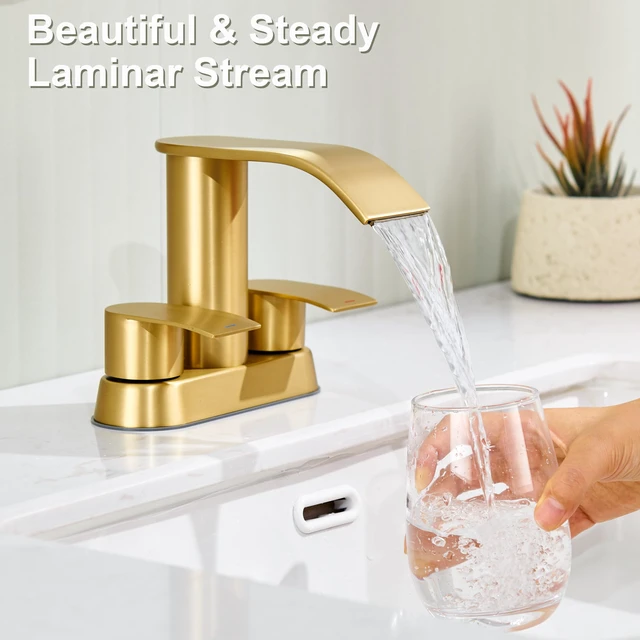 Alt view image 2 of 7 - Waterfall Bathroom Faucet for Sink Brushed Gold 4 Inch Bathroom Sink Faucet for 3 or 2 Holes, 2 Handle Waterfall Faucets with Pop up Drain, Centerset Faucets for RV Counter