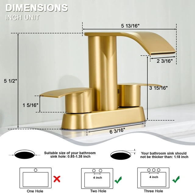 Alt view image 3 of 7 - Waterfall Bathroom Faucet for Sink Brushed Gold 4 Inch Bathroom Sink Faucet for 3 or 2 Holes, 2 Handle Waterfall Faucets with Pop up Drain, Centerset Faucets for RV Counter