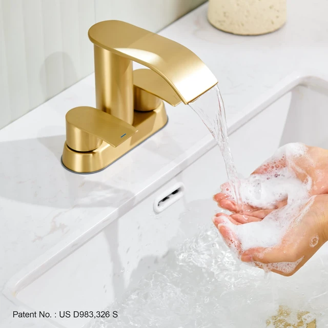 Alt view image 4 of 7 - Waterfall Bathroom Faucet for Sink Brushed Gold 4 Inch Bathroom Sink Faucet for 3 or 2 Holes, 2 Handle Waterfall Faucets with Pop up Drain, Centerset Faucets for RV Counter
