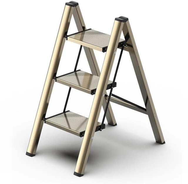 Main image of 3 Step Ladder, Foldable Aluminum Step Stool with Anti-Slip Pedal Lightweight yet Sturdy, Portable, Non Slip Feet, 300Lbs Capacity, Elegant Look, for Kitchen, Closet, Pantry, Champagne Gold