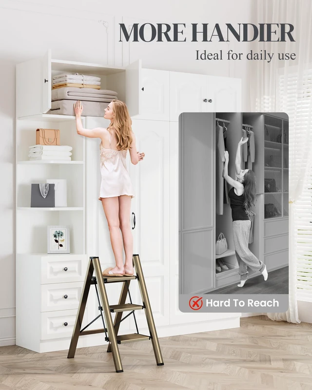 Alt view image 2 of 7 - 3 Step Ladder, Foldable Aluminum Step Stool with Anti-Slip Pedal Lightweight yet Sturdy, Portable, Non Slip Feet, 300Lbs Capacity, Elegant Look, for Kitchen, Closet, Pantry, Champagne Gold