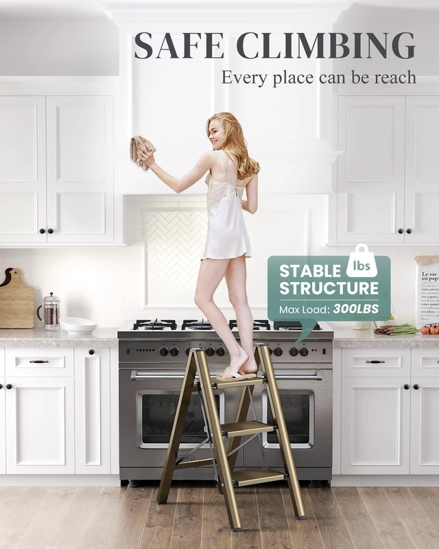 Alt view image 5 of 7 - 3 Step Ladder, Foldable Aluminum Step Stool with Anti-Slip Pedal Lightweight yet Sturdy, Portable, Non Slip Feet, 300Lbs Capacity, Elegant Look, for Kitchen, Closet, Pantry, Champagne Gold