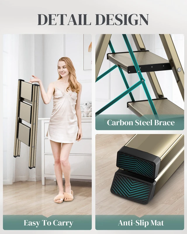 Alt view image 3 of 7 - 3 Step Ladder, Foldable Aluminum Step Stool with Anti-Slip Pedal Lightweight yet Sturdy, Portable, Non Slip Feet, 300Lbs Capacity, Elegant Look, for Kitchen, Closet, Pantry, Champagne Gold