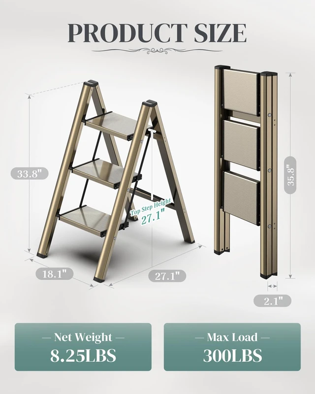 Alt view image 6 of 7 - 3 Step Ladder, Foldable Aluminum Step Stool with Anti-Slip Pedal Lightweight yet Sturdy, Portable, Non Slip Feet, 300Lbs Capacity, Elegant Look, for Kitchen, Closet, Pantry, Champagne Gold