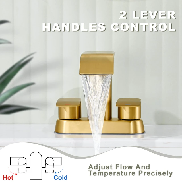 Alt view image 5 of 7 - Waterfall Bathroom Faucet for Sink Brushed Gold 4 Inch Bathroom Sink Faucet for 3 or 2 Holes, 2 Handle Waterfall Faucets with Pop up Drain, Centerset Faucets for RV Counter