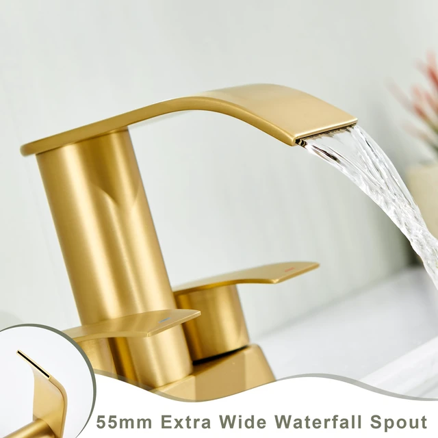 Alt view image 6 of 7 - Waterfall Bathroom Faucet for Sink Brushed Gold 4 Inch Bathroom Sink Faucet for 3 or 2 Holes, 2 Handle Waterfall Faucets with Pop up Drain, Centerset Faucets for RV Counter