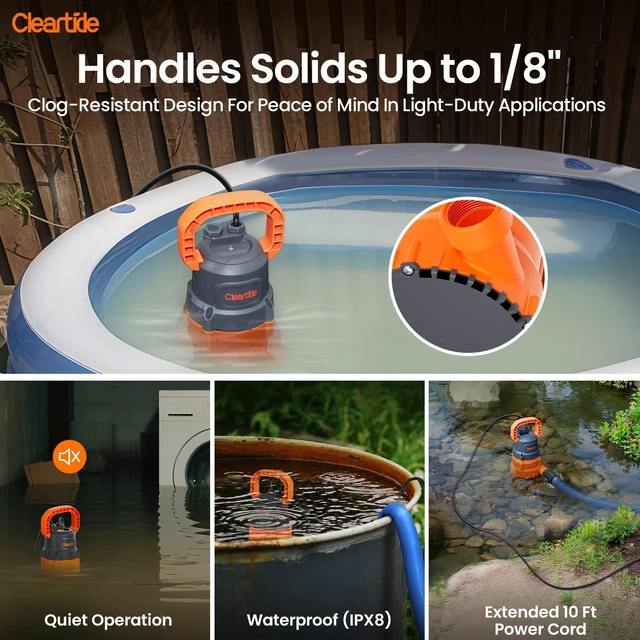 Alt view image 6 of 7 - Submersible 1/2HP Utility Water Pump with 25 Drain Hose, 3060 GPH Sump Pump, Portable Plug and Work for Pond, Garden Watering, Pool or Hot Tub Water Transfer