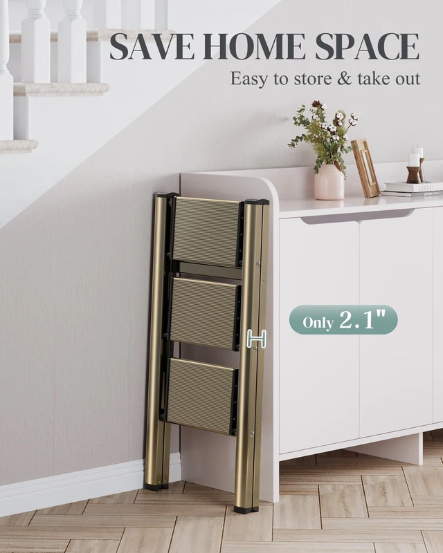 Alt view image 7 of 7 - 3 Step Ladder, Foldable Aluminum Step Stool with Anti-Slip Pedal Lightweight yet Sturdy, Portable, Non Slip Feet, 300Lbs Capacity, Elegant Look, for Kitchen, Closet, Pantry, Champagne Gold