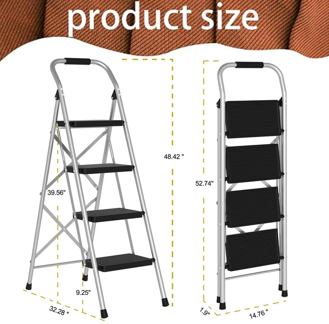Alt view image 2 of 6 - Step Stool for Adults,4 Step Ladder Folding 330lbs Anti Slip Step Ladder,Foldable Ergonomic Step Stool with Wide Pedal for Home, Kitchen, Office (Sliver)
