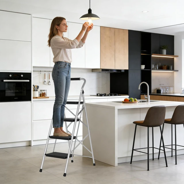 Alt view image 3 of 6 - Step Stool for Adults,4 Step Ladder Folding 330lbs Anti Slip Step Ladder,Foldable Ergonomic Step Stool with Wide Pedal for Home, Kitchen, Office (Sliver)