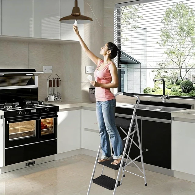 Alt view image 4 of 6 - Step Stool for Adults,4 Step Ladder Folding 330lbs Anti Slip Step Ladder,Foldable Ergonomic Step Stool with Wide Pedal for Home, Kitchen, Office (Sliver)
