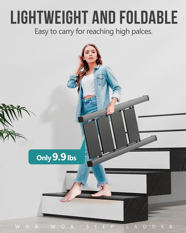 Alt view image 2 of 7 - 4 Step Ladder, Foldable Step Stool, 300lbs Load, Black Folded 43''H x 2''T; Net 9.9 lbs; Rigid Aluminum Steps; No Assembly; For Home, Kitchen, Office, Pantry, Closets, Cabinets