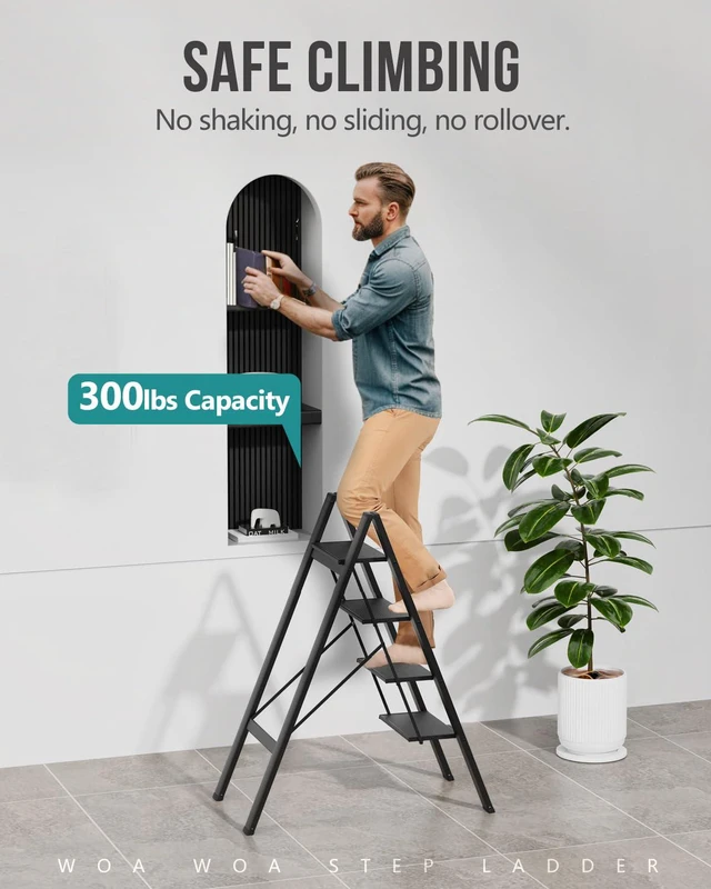 Alt view image 3 of 7 - 4 Step Ladder, Foldable Step Stool, 300lbs Load, Black Folded 43''H x 2''T; Net 9.9 lbs; Rigid Aluminum Steps; No Assembly; For Home, Kitchen, Office, Pantry, Closets, Cabinets