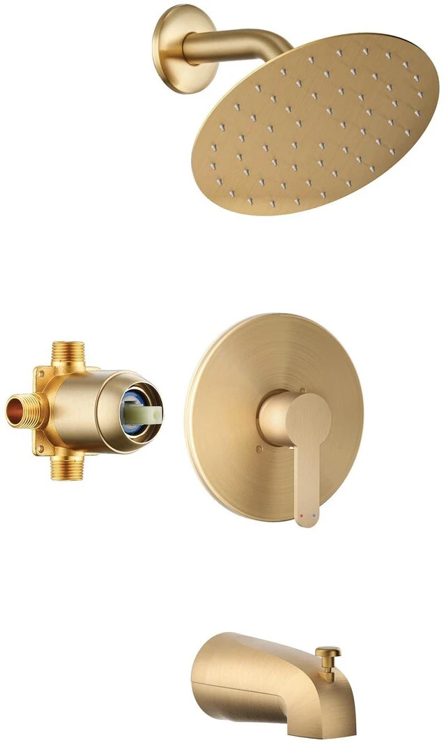 Main image of Tub Shower Faucet Set, 8" Rain Shower Head & Spout, Brushed Gold All-Metal Rainfall Gold Showerhead and Bathtub Spout, Single-Handle Tub Shower-Trim Kit Included Valve, for Bathroom