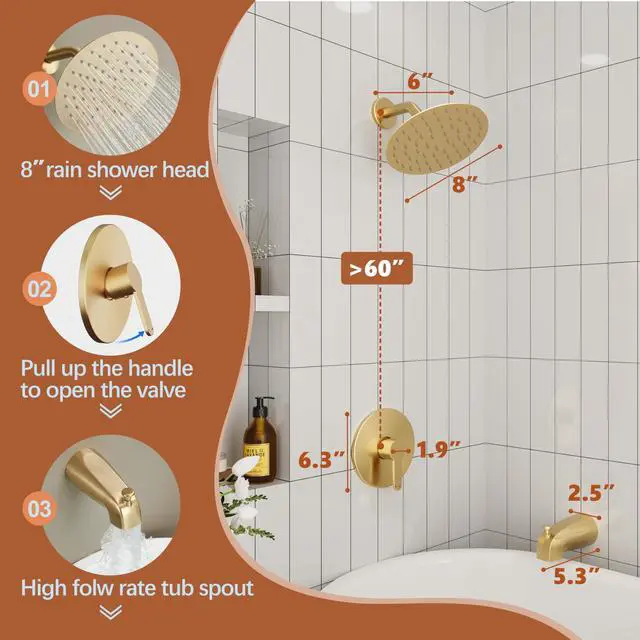 Alt view image 3 of 7 - Tub Shower Faucet Set, 8" Rain Shower Head & Spout, Brushed Gold All-Metal Rainfall Gold Showerhead and Bathtub Spout, Single-Handle Tub Shower-Trim Kit Included Valve, for Bathroom