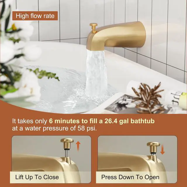 Alt view image 5 of 7 - Tub Shower Faucet Set, 8" Rain Shower Head & Spout, Brushed Gold All-Metal Rainfall Gold Showerhead and Bathtub Spout, Single-Handle Tub Shower-Trim Kit Included Valve, for Bathroom