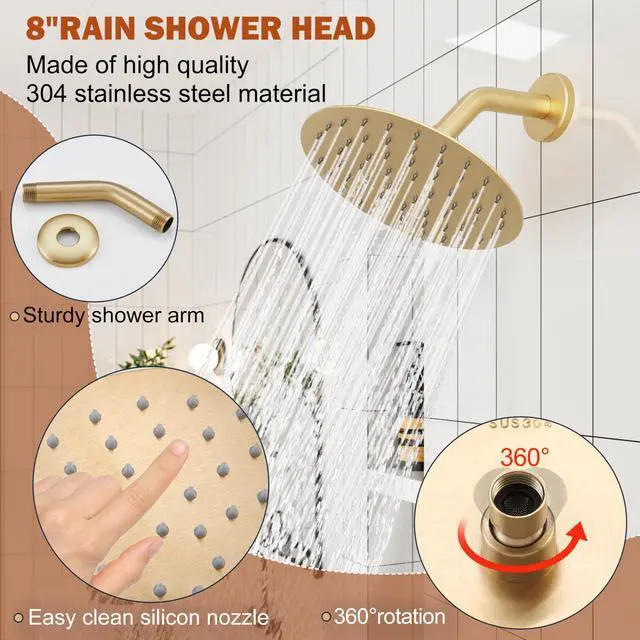 Alt view image 4 of 7 - Tub Shower Faucet Set, 8" Rain Shower Head & Spout, Brushed Gold All-Metal Rainfall Gold Showerhead and Bathtub Spout, Single-Handle Tub Shower-Trim Kit Included Valve, for Bathroom