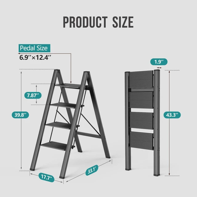 Alt view image 6 of 7 - 4 Step Ladder, Foldable Step Stool, 300lbs Load, Black Folded 43''H x 2''T; Net 9.9 lbs; Rigid Aluminum Steps; No Assembly; For Home, Kitchen, Office, Pantry, Closets, Cabinets