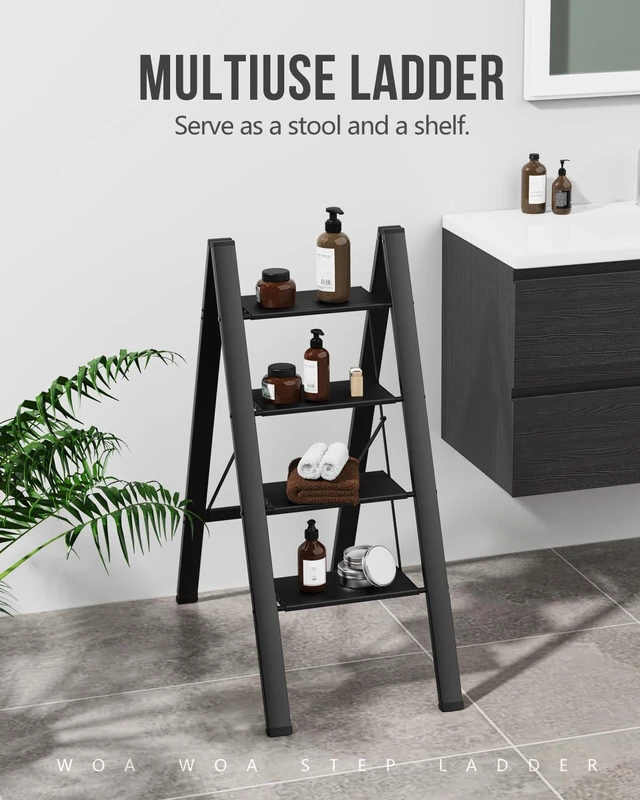 Alt view image 7 of 7 - 4 Step Ladder, Foldable Step Stool, 300lbs Load, Black Folded 43''H x 2''T; Net 9.9 lbs; Rigid Aluminum Steps; No Assembly; For Home, Kitchen, Office, Pantry, Closets, Cabinets