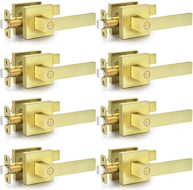 Main image of 8 Pack Brushed Gold Door Handles Privacy Door Levers, Interior Door Knobs Keyless Flat Square Lockset Heavy Duty Door Locks Handleset for Bedroom Bathroom, Reversible for Left Right Handed Doors