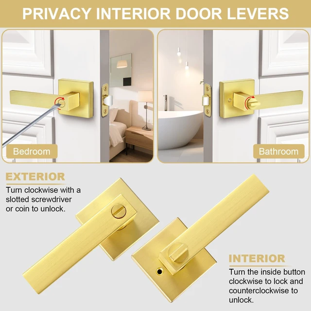 Alt view image 2 of 7 - 8 Pack Brushed Gold Door Handles Privacy Door Levers, Interior Door Knobs Keyless Flat Square Lockset Heavy Duty Door Locks Handleset for Bedroom Bathroom, Reversible for Left Right Handed Doors