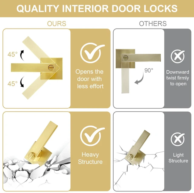 Alt view image 3 of 7 - 8 Pack Brushed Gold Door Handles Privacy Door Levers, Interior Door Knobs Keyless Flat Square Lockset Heavy Duty Door Locks Handleset for Bedroom Bathroom, Reversible for Left Right Handed Doors