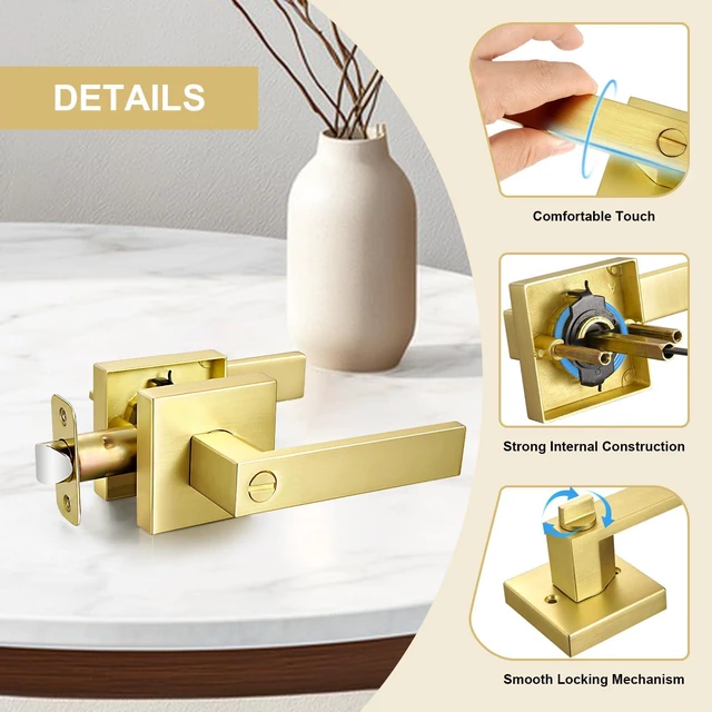 Alt view image 4 of 7 - 8 Pack Brushed Gold Door Handles Privacy Door Levers, Interior Door Knobs Keyless Flat Square Lockset Heavy Duty Door Locks Handleset for Bedroom Bathroom, Reversible for Left Right Handed Doors