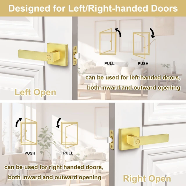 Alt view image 5 of 7 - 8 Pack Brushed Gold Door Handles Privacy Door Levers, Interior Door Knobs Keyless Flat Square Lockset Heavy Duty Door Locks Handleset for Bedroom Bathroom, Reversible for Left Right Handed Doors