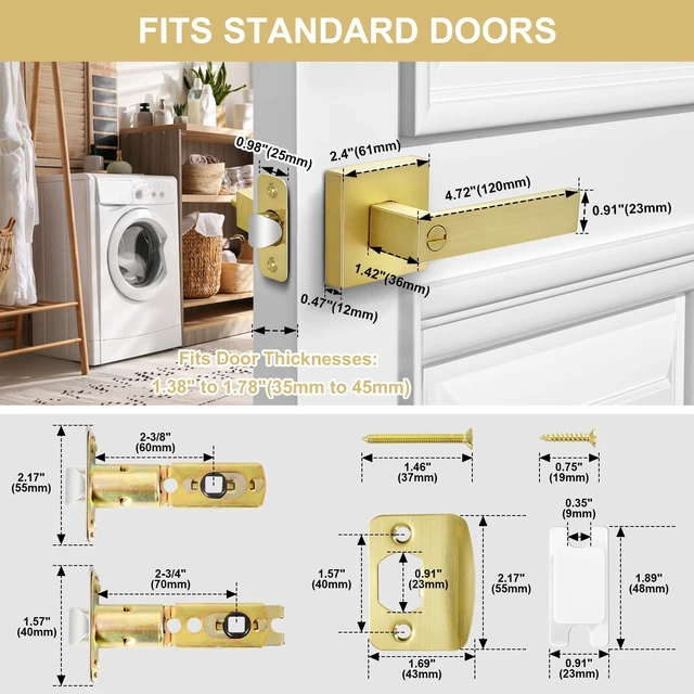 Alt view image 6 of 7 - 8 Pack Brushed Gold Door Handles Privacy Door Levers, Interior Door Knobs Keyless Flat Square Lockset Heavy Duty Door Locks Handleset for Bedroom Bathroom, Reversible for Left Right Handed Doors