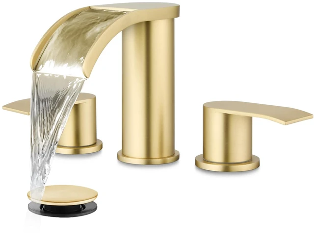 Main image of Waterfall Bathroom Faucet 3 Hole Round Body,Brushed Gold SUS304 8 Widespread Bathroom Sink Faucet,2.17 Wide Spout,24 cUPC Hose,Pop Up Drain,2 Handle,Vanity,Lavatory,Basin,RV