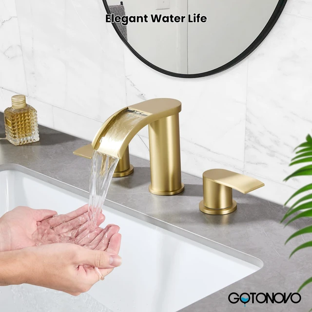 Alt view image 3 of 7 - Waterfall Bathroom Faucet 3 Hole Round Body,Brushed Gold SUS304 8 Widespread Bathroom Sink Faucet,2.17 Wide Spout,24 cUPC Hose,Pop Up Drain,2 Handle,Vanity,Lavatory,Basin,RV