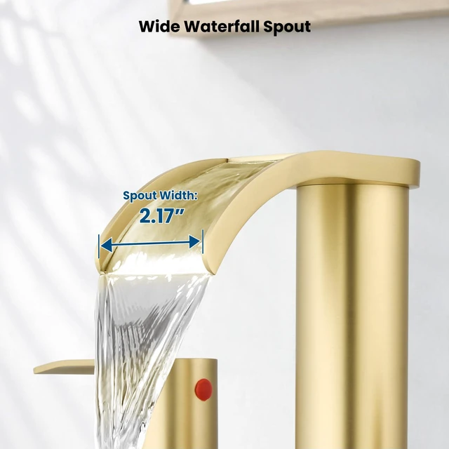 Alt view image 4 of 7 - Waterfall Bathroom Faucet 3 Hole Round Body,Brushed Gold SUS304 8 Widespread Bathroom Sink Faucet,2.17 Wide Spout,24 cUPC Hose,Pop Up Drain,2 Handle,Vanity,Lavatory,Basin,RV