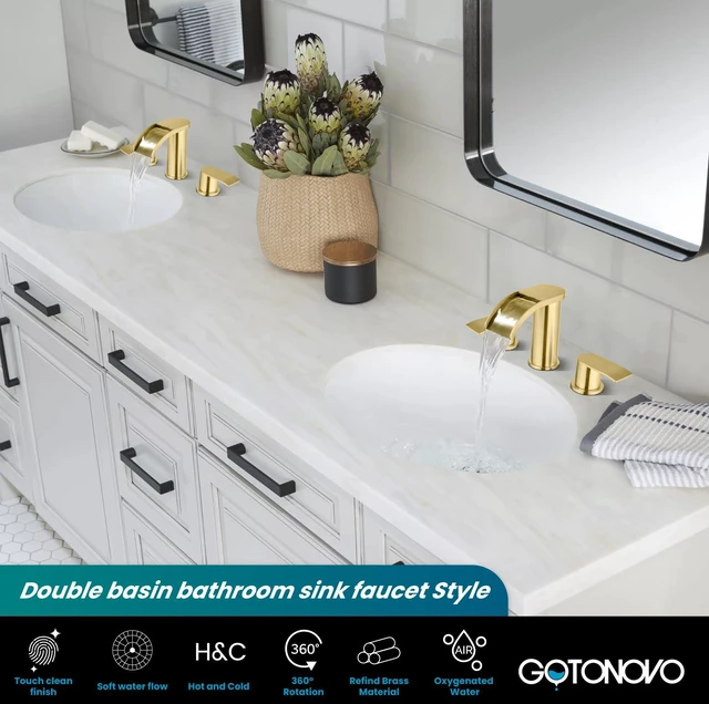 Alt view image 2 of 7 - Waterfall Bathroom Faucet 3 Hole Round Body,Brushed Gold SUS304 8 Widespread Bathroom Sink Faucet,2.17 Wide Spout,24 cUPC Hose,Pop Up Drain,2 Handle,Vanity,Lavatory,Basin,RV