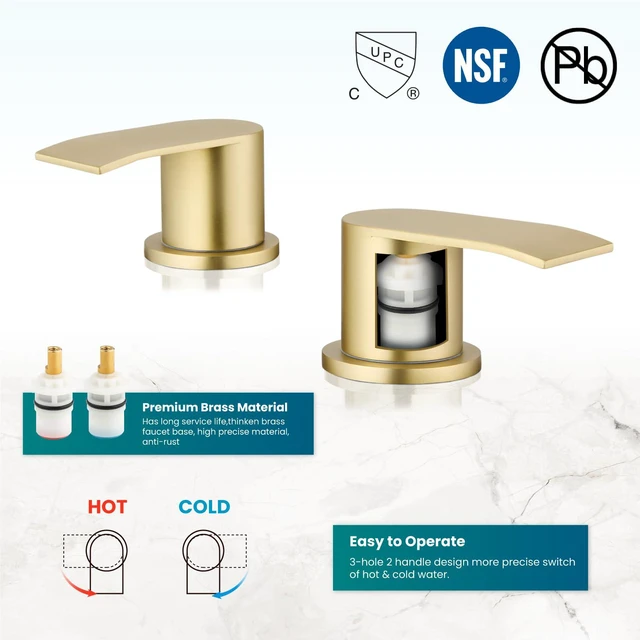 Alt view image 5 of 7 - Waterfall Bathroom Faucet 3 Hole Round Body,Brushed Gold SUS304 8 Widespread Bathroom Sink Faucet,2.17 Wide Spout,24 cUPC Hose,Pop Up Drain,2 Handle,Vanity,Lavatory,Basin,RV