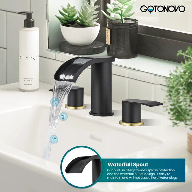 Alt view image 2 of 7 - Waterfall Bathroom Faucet 3 Hole Round Body,Black&Brushed Gold SUS304 8 Widespread Bathroom Sink Faucet,2.17 Wide Spout,24 cUPC Hose,Pop Up Drain,2 Handle,Vanity,Lavatory,Basin,RV