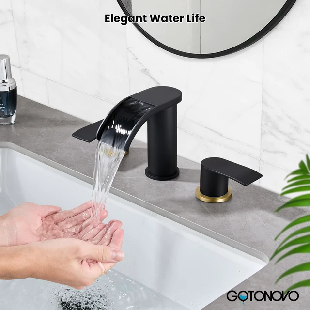 Alt view image 3 of 7 - Waterfall Bathroom Faucet 3 Hole Round Body,Black&Brushed Gold SUS304 8 Widespread Bathroom Sink Faucet,2.17 Wide Spout,24 cUPC Hose,Pop Up Drain,2 Handle,Vanity,Lavatory,Basin,RV