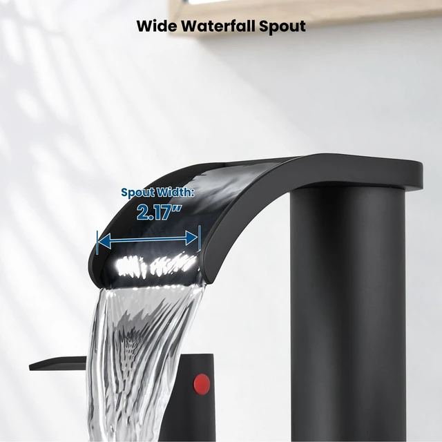 Alt view image 4 of 7 - Waterfall Bathroom Faucet 3 Hole Round Body,Black&Brushed Gold SUS304 8 Widespread Bathroom Sink Faucet,2.17 Wide Spout,24 cUPC Hose,Pop Up Drain,2 Handle,Vanity,Lavatory,Basin,RV