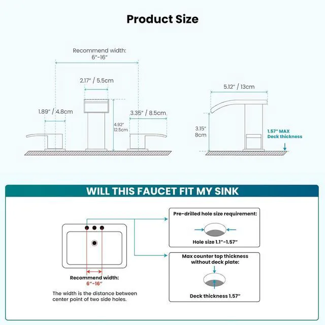 Alt view image 7 of 7 - Waterfall Bathroom Faucet 3 Hole Round Body,Brushed Nickel SUS304 8 Widespread Bathroom Sink Faucet,2.17 Wide Spout,24 cUPC Hose,Pop Up Drain,2 Handle,Vanity,Lavatory,Basin,RV