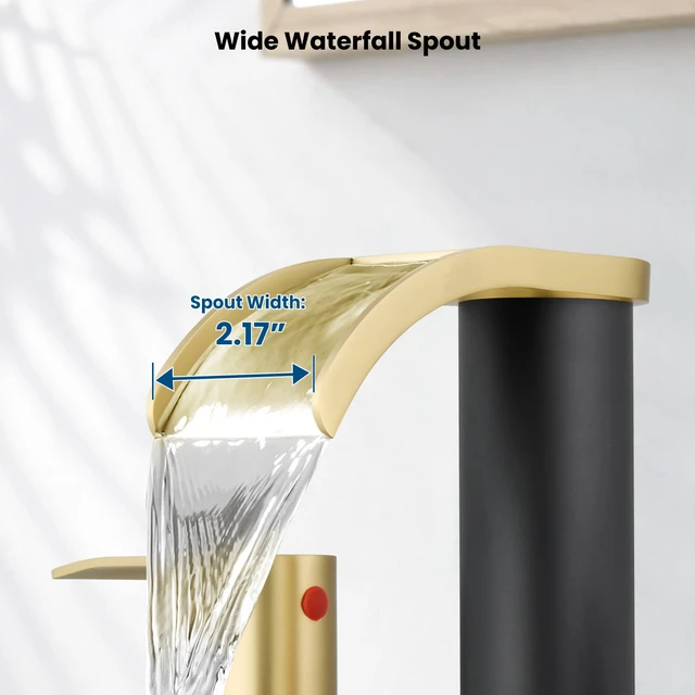 Alt view image 4 of 7 - Waterfall Bathroom Faucet 3 Hole Round Body,Brushed Gold&Black SUS304 8 Widespread Bathroom Sink Faucet,2.17 Wide Spout,24 cUPC Hose,Pop Up Drain,2 Handle,Vanity,Lavatory,Basin,RV